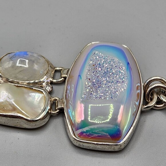 Sajen Druzy Bracelet Iridescent White Blue Pearl Chunky Link 925 Sterling Silver - Picture 6 of 14